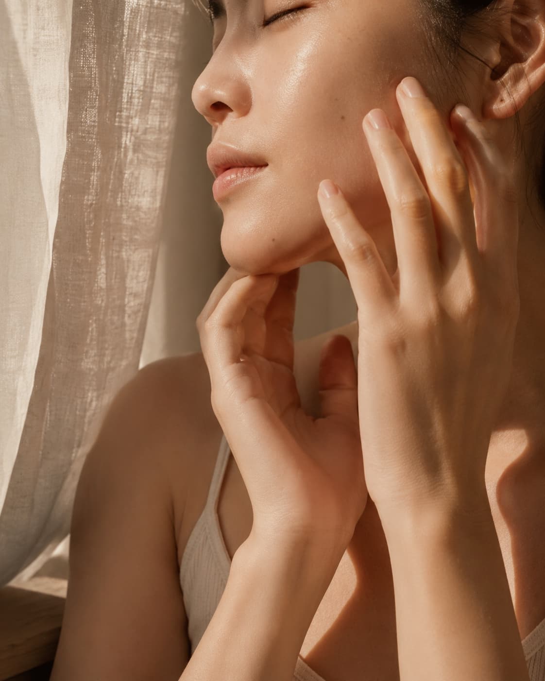 ผู้หญิงกำลังดูแลผิวหน้าอย่างอ่อนโยนในแสงเช้าริมหน้าต่างผ้าลินิน